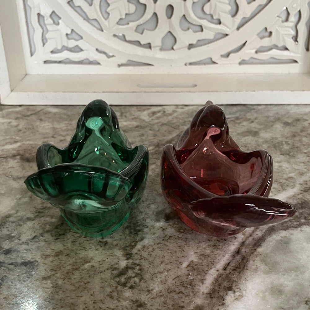 Vintage Fenton Art Glass Green & Red Glass Bird Figurines/Tea Light Holders 2 pc - Picture 5 of 11